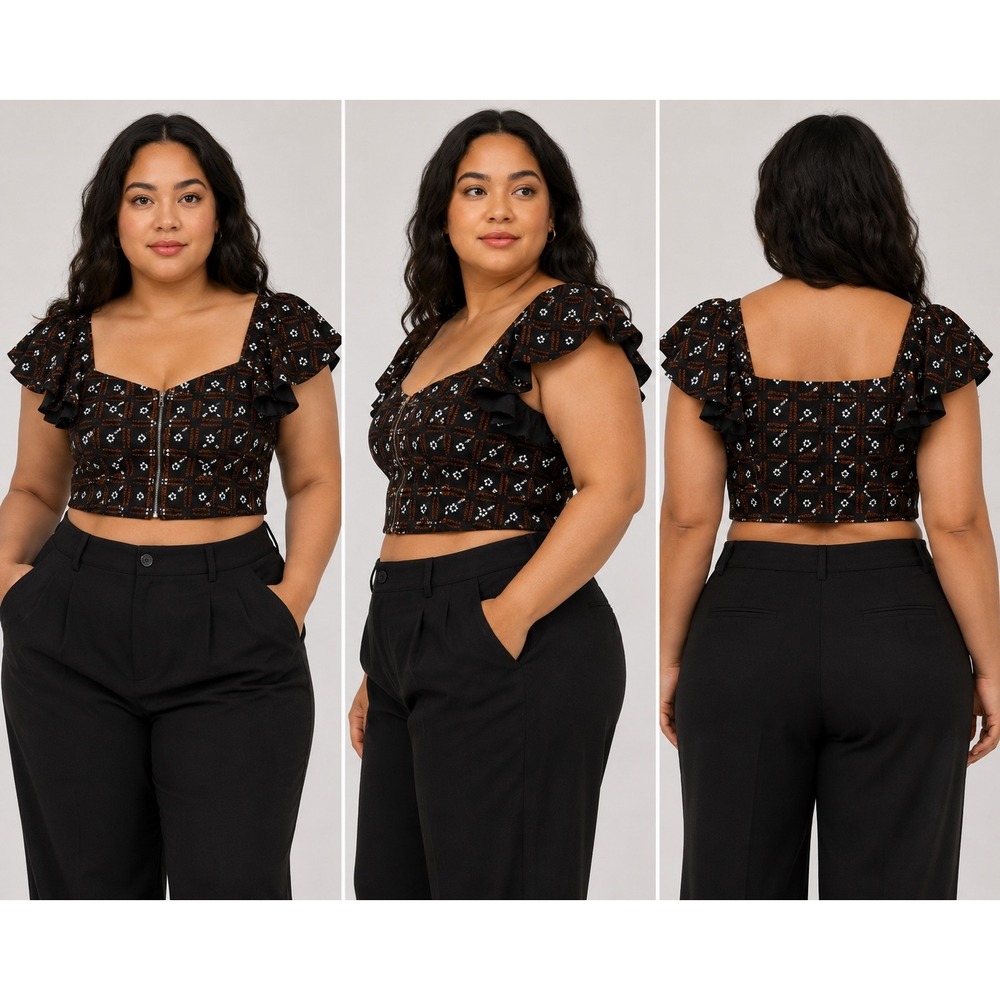 Autumn Adeigbo Jules Top Diamond Print Ruffle Sleeve Crop Top Size 16 NWT